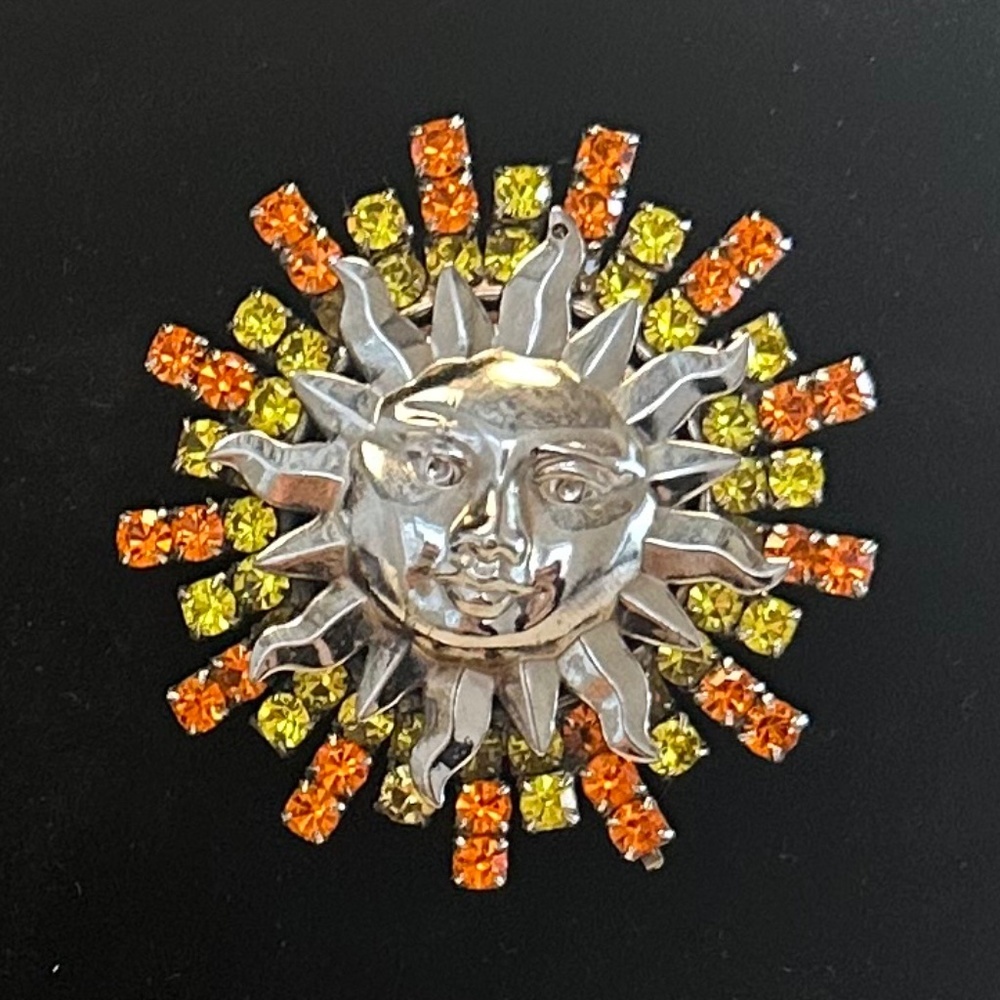 DANNY POLLAK - Orange & Yellow Crystal & Silver Sun Face Brooch